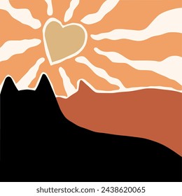 Cat leaning on its couples and see the sun. Contemporary poster print banner template. Organic doodle shapes in trendy naive hippie 60s 70s style.