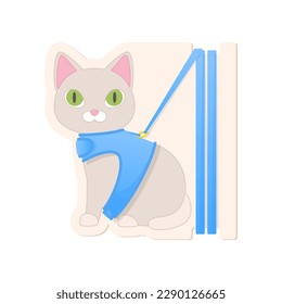 Correa de gato. Ilustración de dibujos animados de un embalaje de cuero azul para gato aislado en un fondo blanco. Vector 10 EPS.