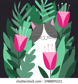 Cat in leaves and flowers. Vector illustration for your contemporary  design