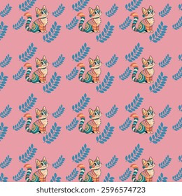 cat and   leaves seamless pattern design graphic texture wallpaper.
