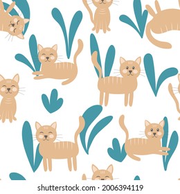 Cat and leaves, seamless pattern vector illustration. Sandy cats in different poses. Cute pets in the grass and leaves. Baby background for packaging, fabric, textile or wallpaper.