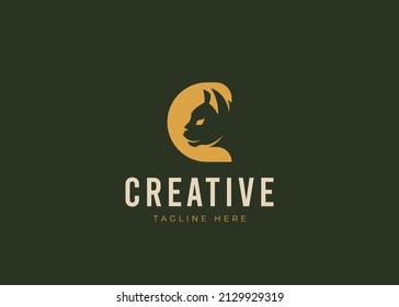 Cat Letter C Logo Design. Vintage Modern Negative space Logo Design Template