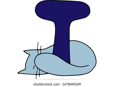 Cat with letter T isolated on white. Colored animal logo design. Doodle hand drawing art. Vector stock illustration