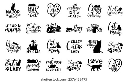 cat lettering bundle quotes vector, Black cat silhouette isolated on white background. Pets logo design