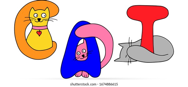 Cat lettering isolated on white. Colored animal logo design. Doodle hand drawing art. Vector stock illustration