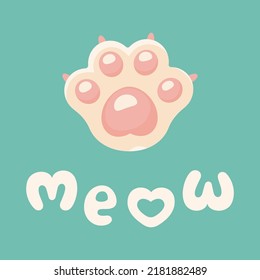 Cat lettering with cat paw in cartoon style. Isolated vector illustration hand drawn quote meow for banner, poster, flyer, t-shirt print