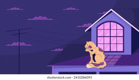 Cat licking paw on roof at night lofi wallpaper. Peaceful kitty rooftop 2D cartoon flat illustration. Nostalgia retro style. Dreamy vibes chill vector art, lo fi aesthetic colorful background