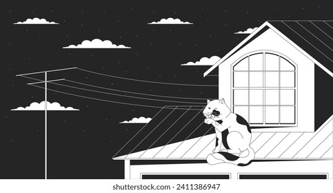 Cat licking paw on roof at night black and white lofi wallpaper. Peaceful kitty rooftop 2D outline cartoon flat illustration. Nostalgia retro style. Dreamy vibes vector line lo fi aesthetic background