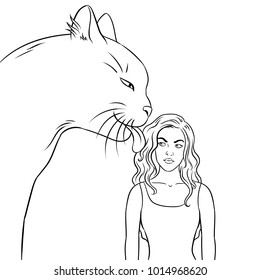Cat licks the girl coloring vector illustration. Isolated image on white background. Comic book style imitation.