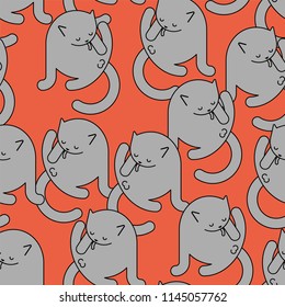 Cat licks itself pattern seamless. Home pet ornament. Animal texture. Vector illustration
