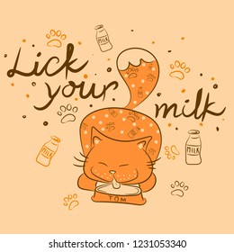 Cat licks its milk
