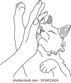 El gato lame la palma. Dibujo de línea. Dibujando un tatuaje. Vector 