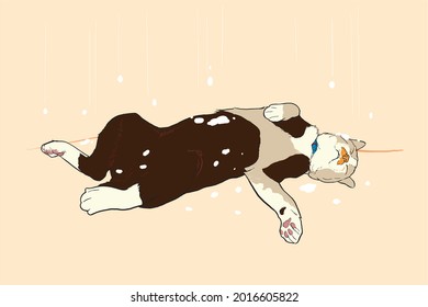 Cat Lie Down And Play On The Ground With Snow . Eyes Closed. Looks Very Relaxed. Vector Art For Designer, Graphic Design, Print, Advertisement, Print On Fabric.