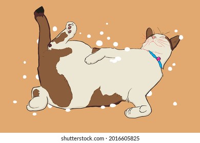 Cat Lie Down And Play On The Ground With Snow . Eyes Closed. Looks Very Relaxed. Vector Art For Designer, Graphic Design, Print, Advertisement, Print On Fabric.