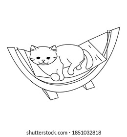 The cat lies in the cat's hammock. Vector outline illustration.