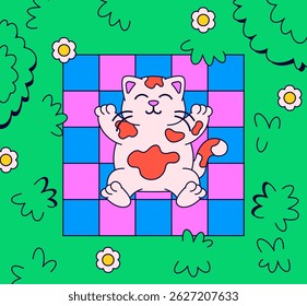 El gato se acuesta sobre su espalda, sonriendo dichosamente sobre una manta a cuadros rosa y azul en una exuberante Ilustración vectorial de dibujos animados de parque verde dibujada a mano