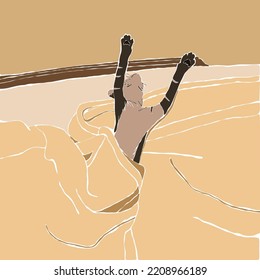 The cat lies on its back and stretches on the bed with its paws stretched out and wrapped in a soft blanket.Vector flat illustration.
