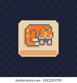 Cat lies on a bed. Pixel art icon. Logo pet shop. App button design. Isolated vector illustration. 