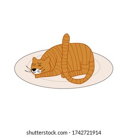 the cat lies on the carpet, squinting with one eye. Vector illustration in hand drawn style for children.