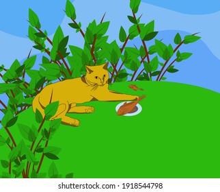 die Katze liegt auf dem Rasen und isst einen Fischcartoon-Stil