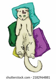 Die Katze liegt auf den Kissen