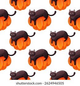 Cat lies on a pumpkin seamless pattern in cartoon style. Happy Halloween funny character for wallpaper and textile design. illustration on a white background.
