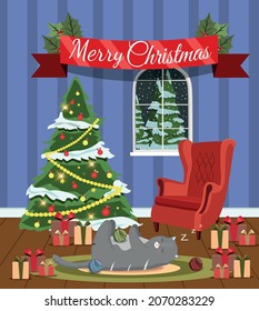 The cat lies on the rug under the tree and sleeps. Christmas Eve Room. Festive postcard. Merry Christmas and Happy New Year. Happiness. Holiday. Flat style. House. Cosiness. Take a nap. Stock Vector.