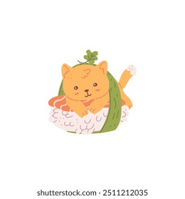 O gato jaz no sushi. Gatinho de laranja bonito com sushi japonês feito de arroz e salmão. Comida deliciosa. Adesivo engraçado. Gostoso. Estilo de desenho animado. Ilustração de vetor desenhada à mão.