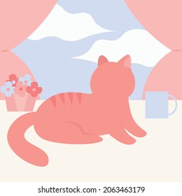 The cat lies on the windowsill and looks out the window at the clouds. A mug of coffee, violets in a pot. Delicate pastel colors. Vector children's illustration