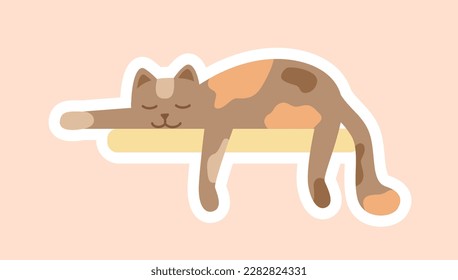 Cat lies sticker. Cute brown kitten resting and recuperating, dream. Domestic animal and pet. Graphic element for social networks and messengers. Cartoon flat vector illustration