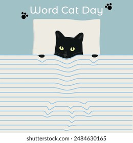 el gato yace bajo la manta, concepto del Día Mundial del Gato. Concepto de Festiva. Plantilla de fondo, Anuncio de Web, tarjeta, póster