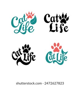 Cat Life, a calligraphy set, featuring paw print quotes for cat lovers. ﻿International Cat Day, vector illustration