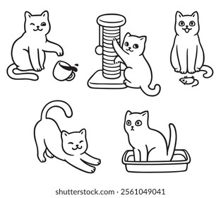 Cat life doodle set. Cute cartoon kitty playing, scratching, using litterbox. Simple cat drawing, black and white vector illustration.