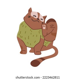Cat life, isolated kitten scratching neck with paw. Feline animal wearing knitwear clothes, routine of kitty. Domestic pet leisure. Vector in flat style