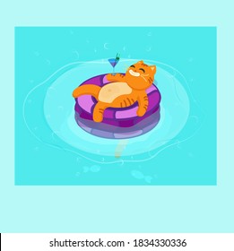 For a cat - life is simple.
The cat swims in the pool on an inflatable ring. He has a cocktail in his paw. Summer vacation.