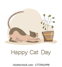 A cat with light colors and spots on the back is playing with a houseplant. Vector flat illustration on white background.