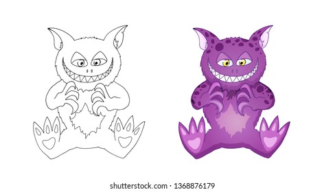 Cat like demon cartoon character for coloring book page design for kids and children vector illustration. Cute funny bright monster creature isolated on white background