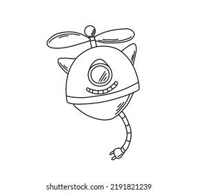 Cat like flying robot. Cute vector illustration element for kids design. Funny grinning mechanic character. 