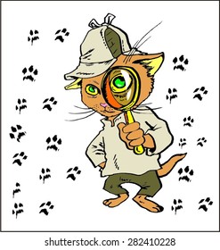 cat like Sherlock Holmes with a magnifying glass