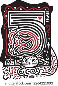 Cat line art with dots , labyrinth and symbols.