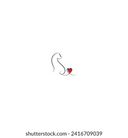 Cat line art with a red  heart-shaped at its tail.