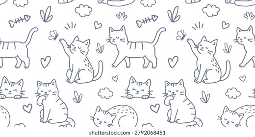 Cat line art seamless pattern with funny kittens playing catching a butterfly sleeping and licking paws on white background for nursery bedding wallpaper textile and wrapping paper decor
