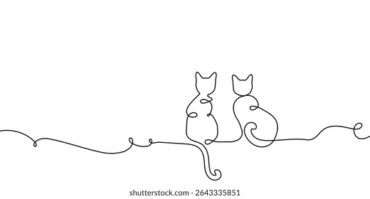Cat line continuous drawing sketch animal one pet outline vector draw. Two cat line happy doodle couple 2 kitten white black background cute clipart friendship silhouette contour illustration back art