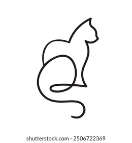 Cat line logo pet care design. Continuous Line Drawing Cat isolated on white background. Creative cute kitten one line decoration, curly tail.