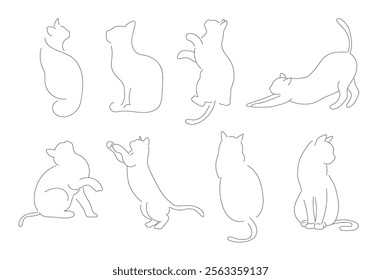 Cat line, Cat sitting with curled tail, different cat silhouette one line hand drawn 