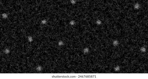 Cat lint and hairballs on black fabric seamless pattern. Texture of white animal fur on a dark background. Close-up of pet hair on clothing. Traces of rabbit or dog shedding on textiles