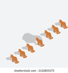 Cat with lion shadow different from the other cats isometric 3d vector concept for banner, website, illustration, landing page, flyer, etc.