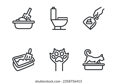 Cat litter box. Collect and rinse. Peletated filler. Pet shop, toilet. Pixel perfect thin line vector icons. Simple minimal pictogram