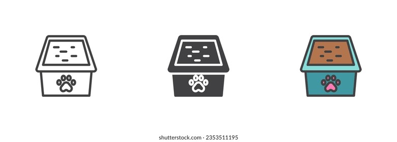 Juego de iconos de estilo diferente para la caja de la basura del gato. Línea, glifo y contorno relleno versión colorida, contorno y signo vectorial relleno. Símbolo, ilustración del logotipo. Gráficos vectoriales