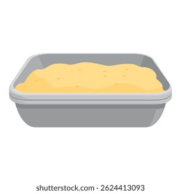 Cat litter box filled with sand for using by domestic animal standing on floor at home